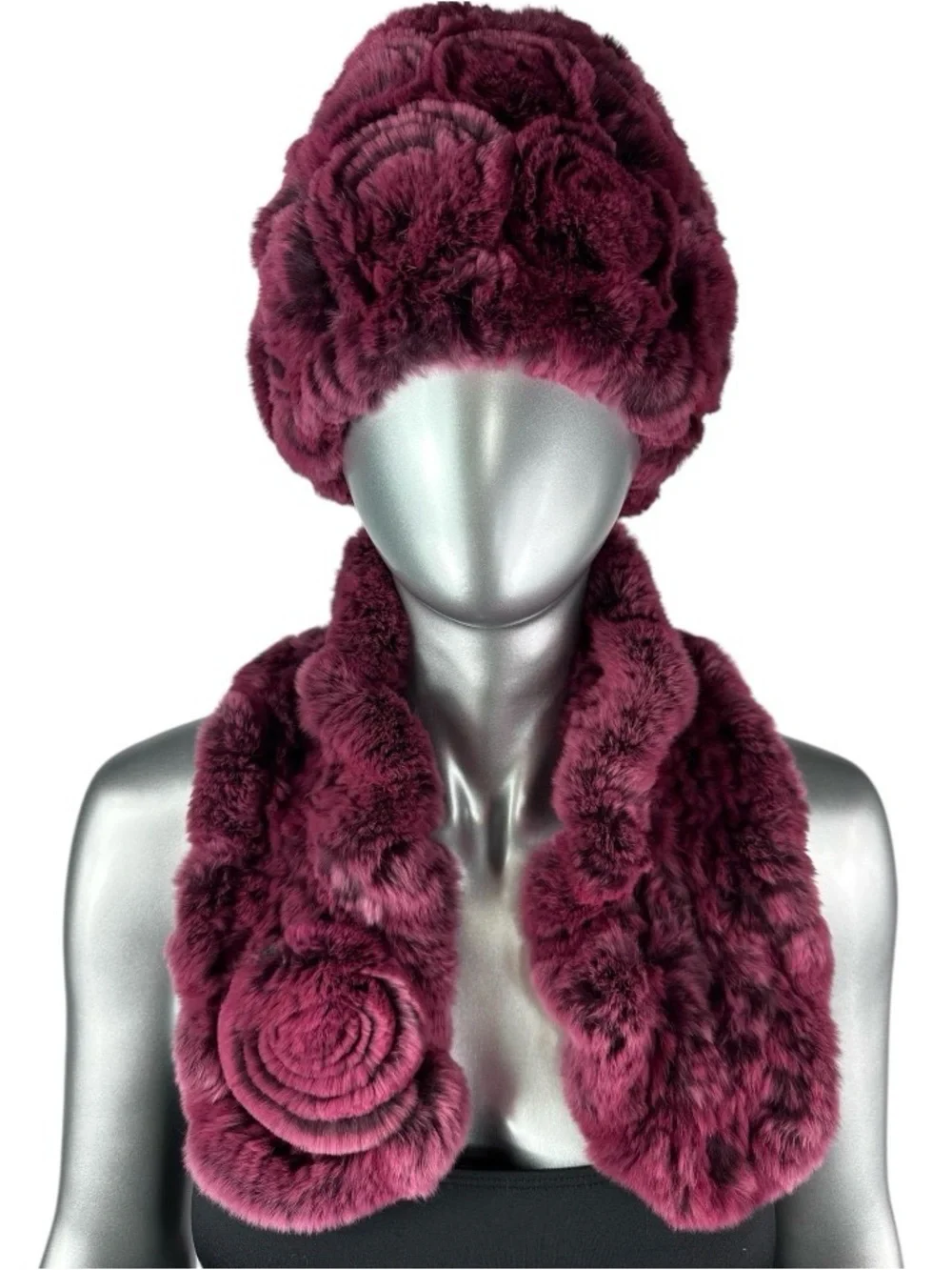 Rose REX RABBIT Hat and Scarf w/Rosettes, One Size 21”-23” w/Stretch, Certified